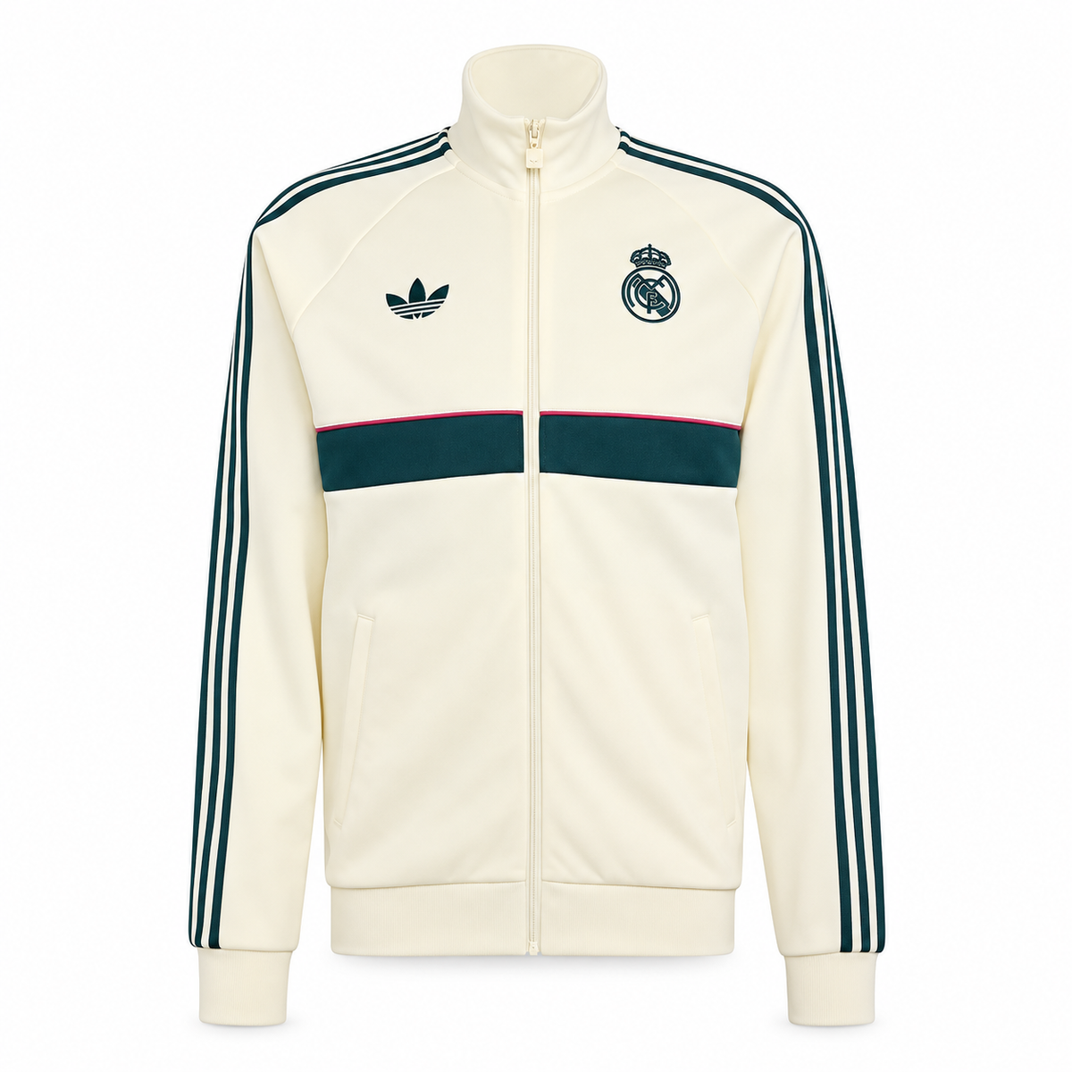Real Madrid Off-White & Dark Green Retro Anthem Track Jacket – Full-Zip Long Sleeve