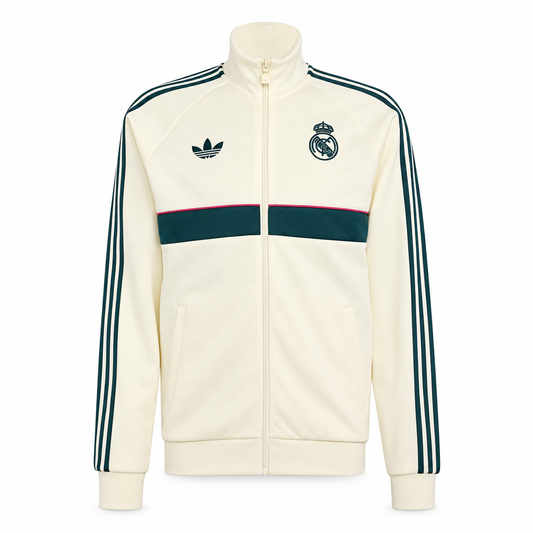 Real Madrid Off-White & Dark Green Retro Anthem Track Jacket – Full-Zip Long Sleeve