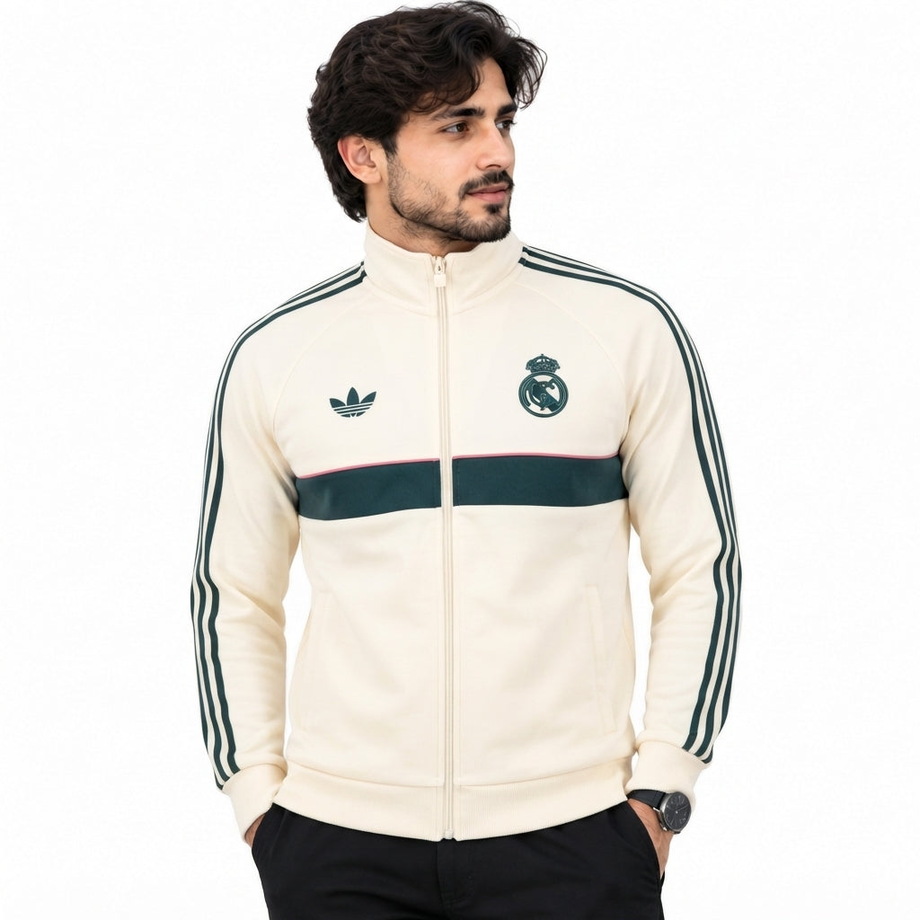 Real Madrid Off-White & Dark Green Retro Anthem Track Jacket – Full-Zip Long Sleeve