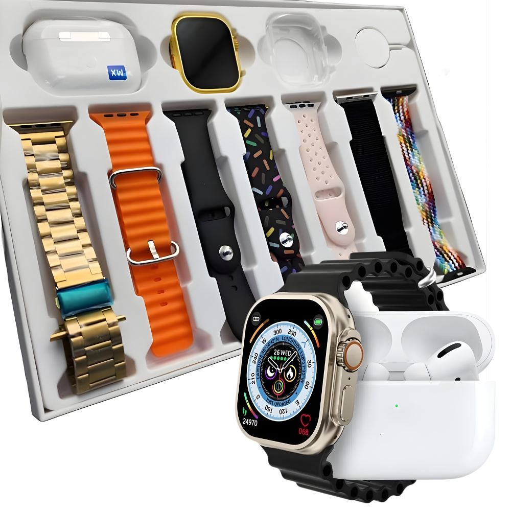 Ultra Smart Watch 10 in 1 Combo – 7 Straps, Wireless Earbuds & Premium Accessories