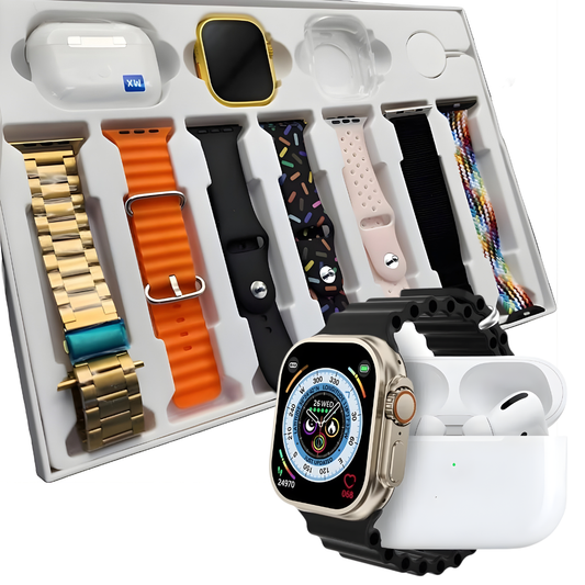 Ultra Smart Watch 10 in 1 Combo – 7 Straps, Wireless Earbuds & Premium Accessories